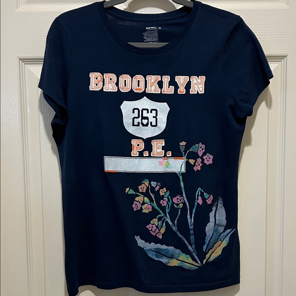 Old Navy Navy Brooklyn Embroidered Tee with Appliqué Lettering Florals Cotton M